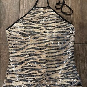 Princess Polly Sequin Zebra Halter Camisole in Beige and Black